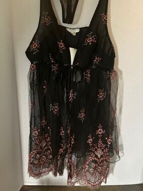 Flora Nikrooz Black Sheer Embroidered Mesh Babydoll with Pink Floral Accents